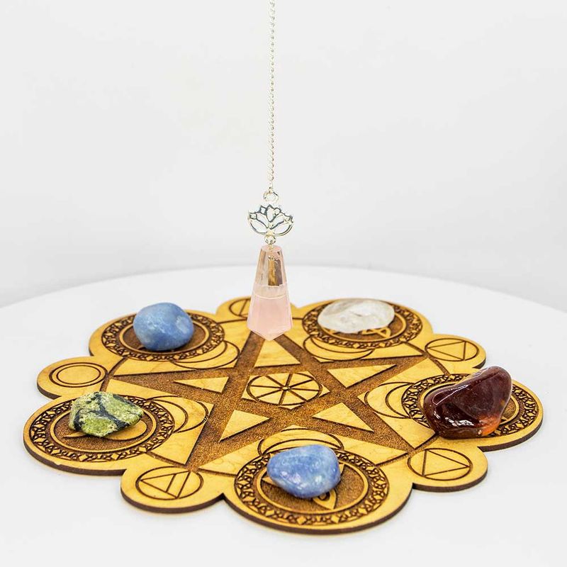 Gemstone Pendulum w/ Lotus - Clear Quartz &amp; Rose Quartz: Clear quartz rose quartz
