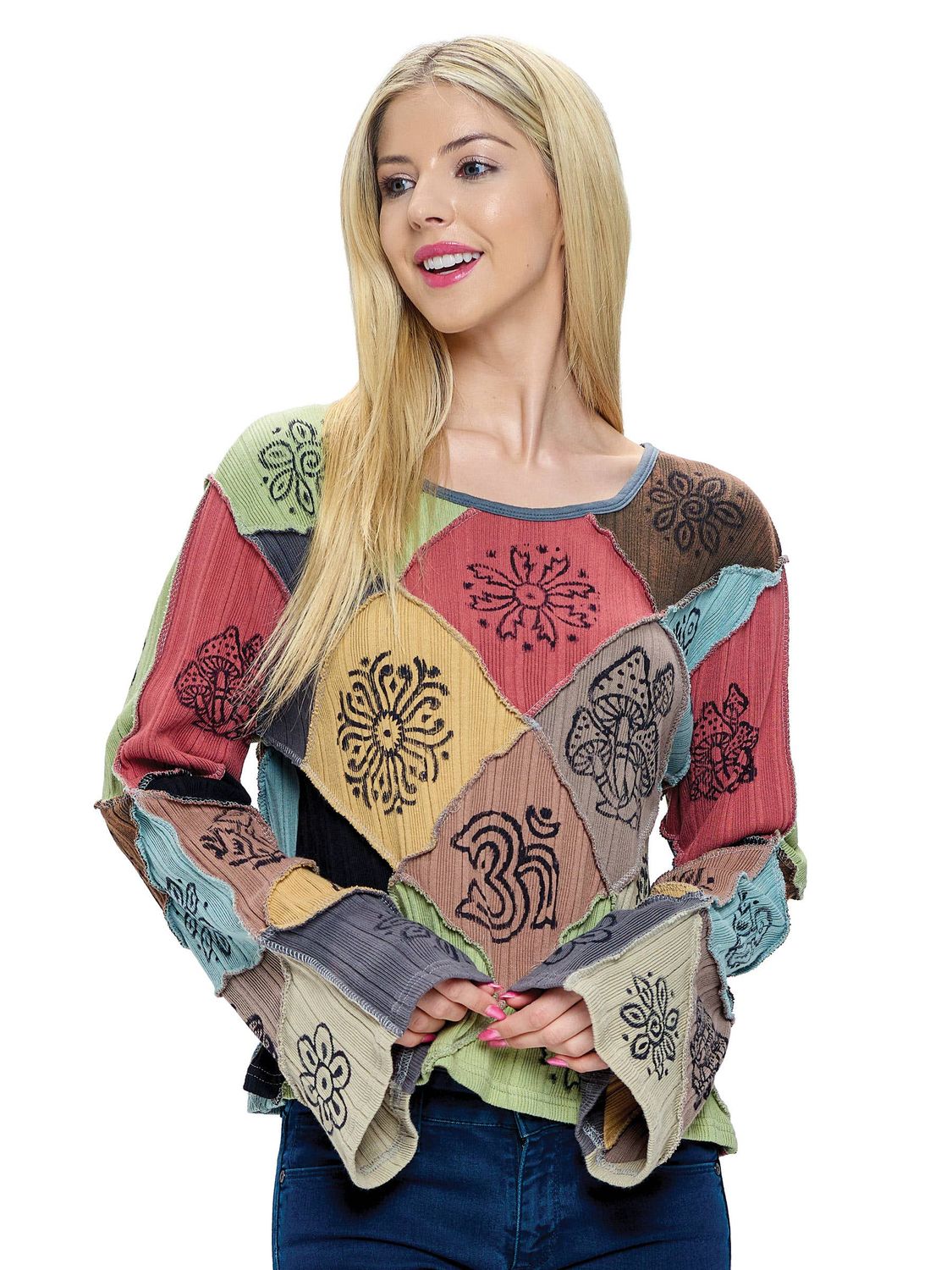 Top Hippie Patchwork Art Hand Printed Bell Sleeves: Multi / 100% Cotton / L