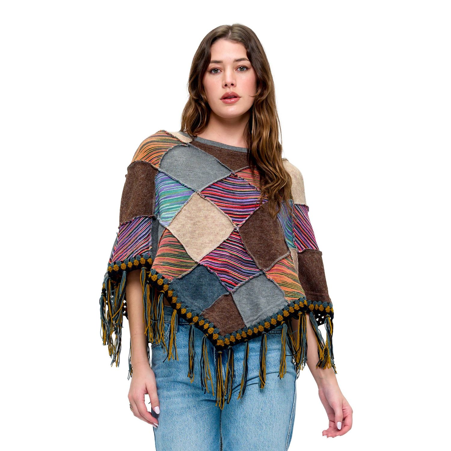 Poncho Boho Patchwork Crochet Details Fringe: Multi / O/S