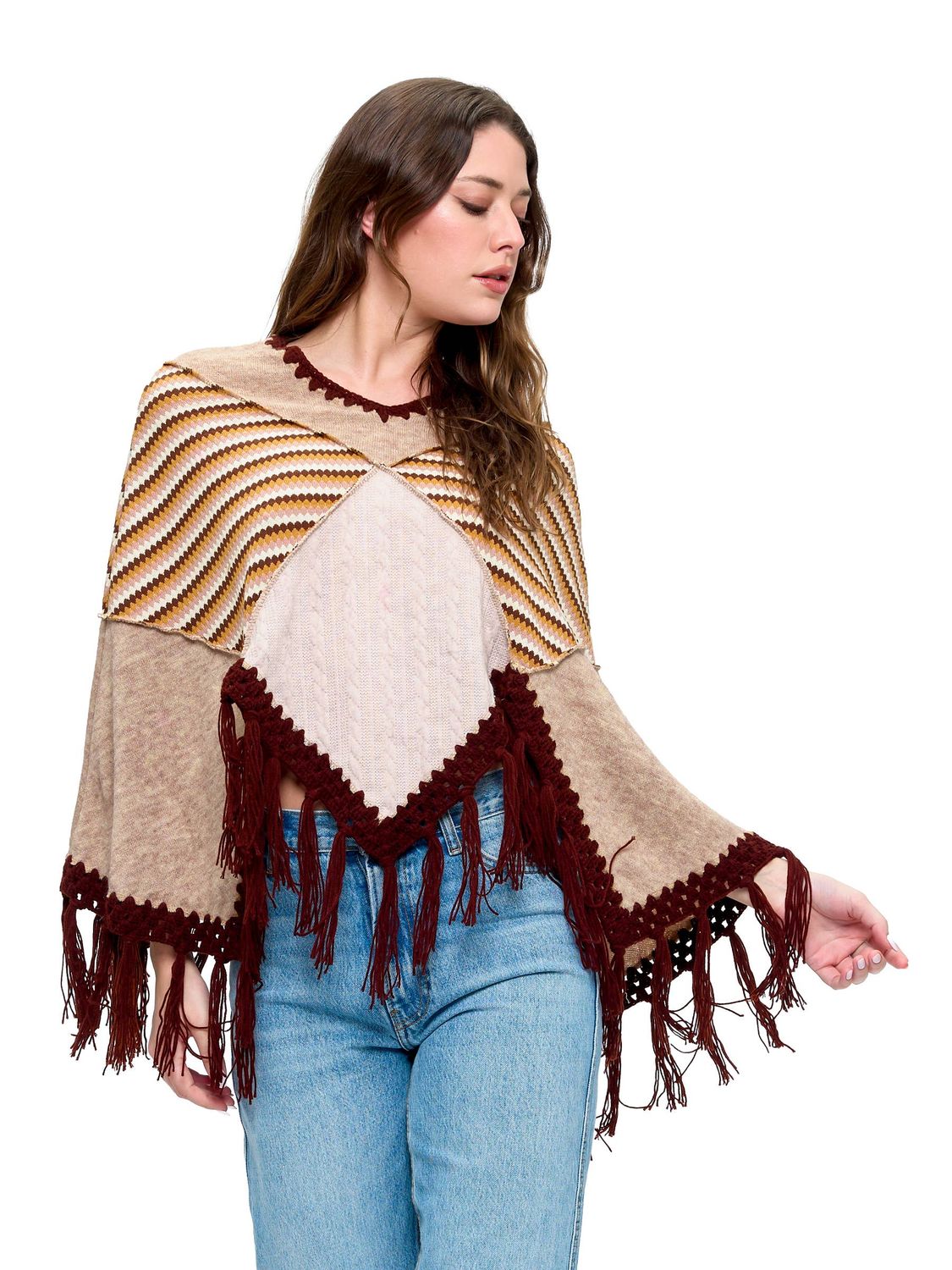 Poncho Boho Patchwork Striped Crochet Details Fringe : Mocha / One Size
