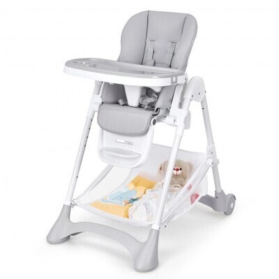 Baby Convertible Folding Adjustable High Chair with Wheel Tray Storage Basket -Gray - Color: Gray
