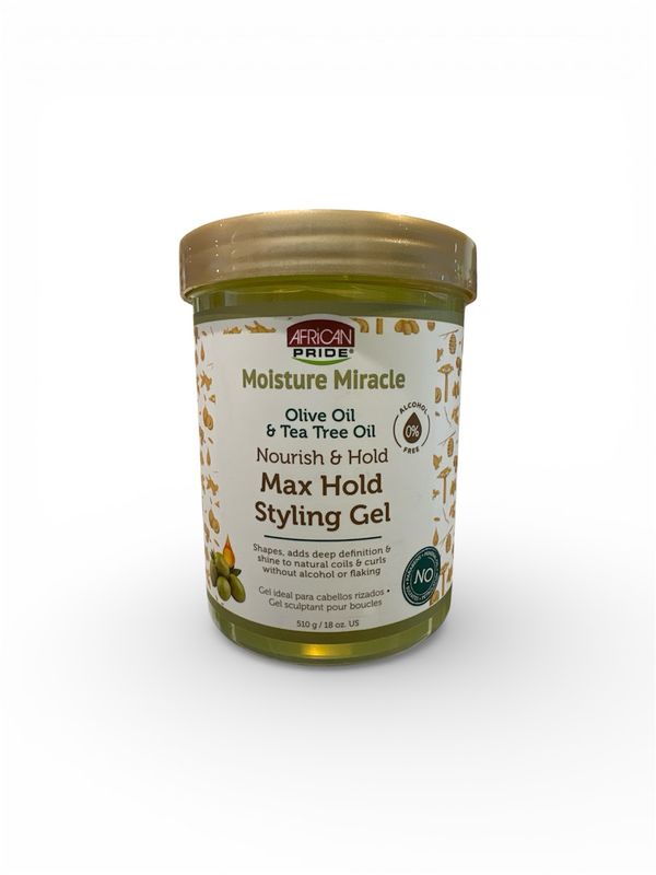 African Pride Moisture Miracle OLIVE Oil &amp; Tea Tree Oil Nourish &amp; Hold Max Hold Styling Gel - 510 g