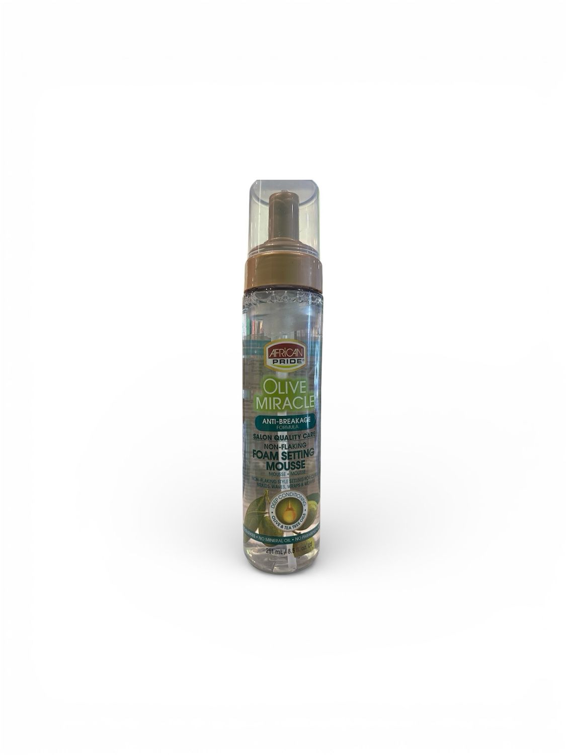 AFRICAN PRIDE OLIVE MIRACLE ANTI BREAKAGE FORMULA SALON QUALITY CARE FOAM SETTING MOUSE AFRICAN PRIDE OLIVE MIRACLE ANTI BREAKAGE FORMULA SALON QUALITY CARE FOAM SETTING MOUSE