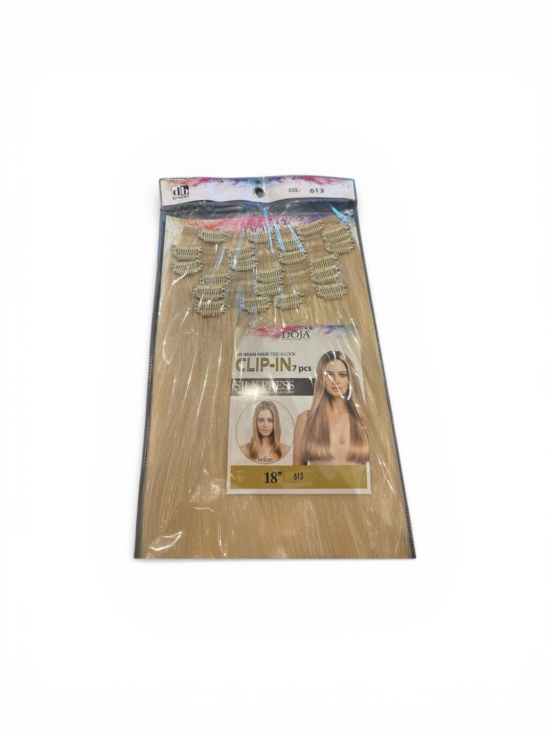 DOJA HUMAN HAIR FEEL & LOOK CLIP- IN 7PCS 18” COLOR 613 DOJA HUMAN HAIR FEEL & LOOK CLIP- IN 7PCS 18” COLOR 613