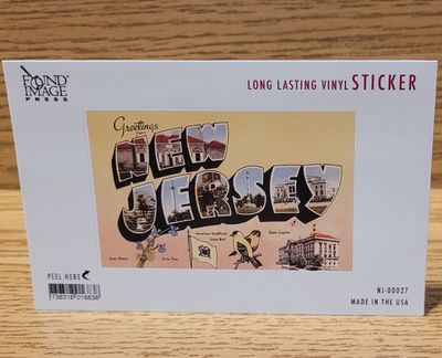 A yellow vinyl sticker with 'Greetings from New Jersey' in a retro/vintage style with state icons along the bottom.