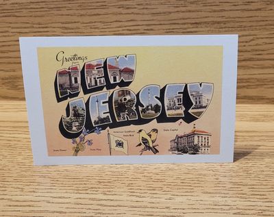 A postcard that says 'Greetings from New Jersey' in a vintage style, with a yellow background, featuring state icons.