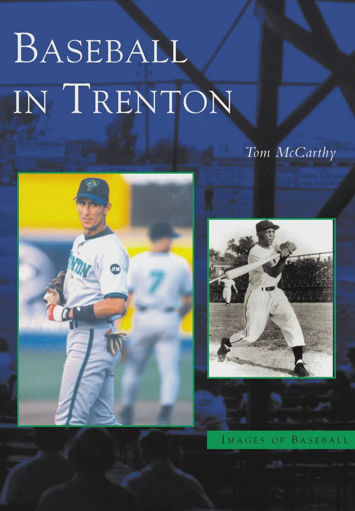 The cover of 'Baseball In Trenton', featuring two baseball players on a blue background and the author, Tom McCarthy