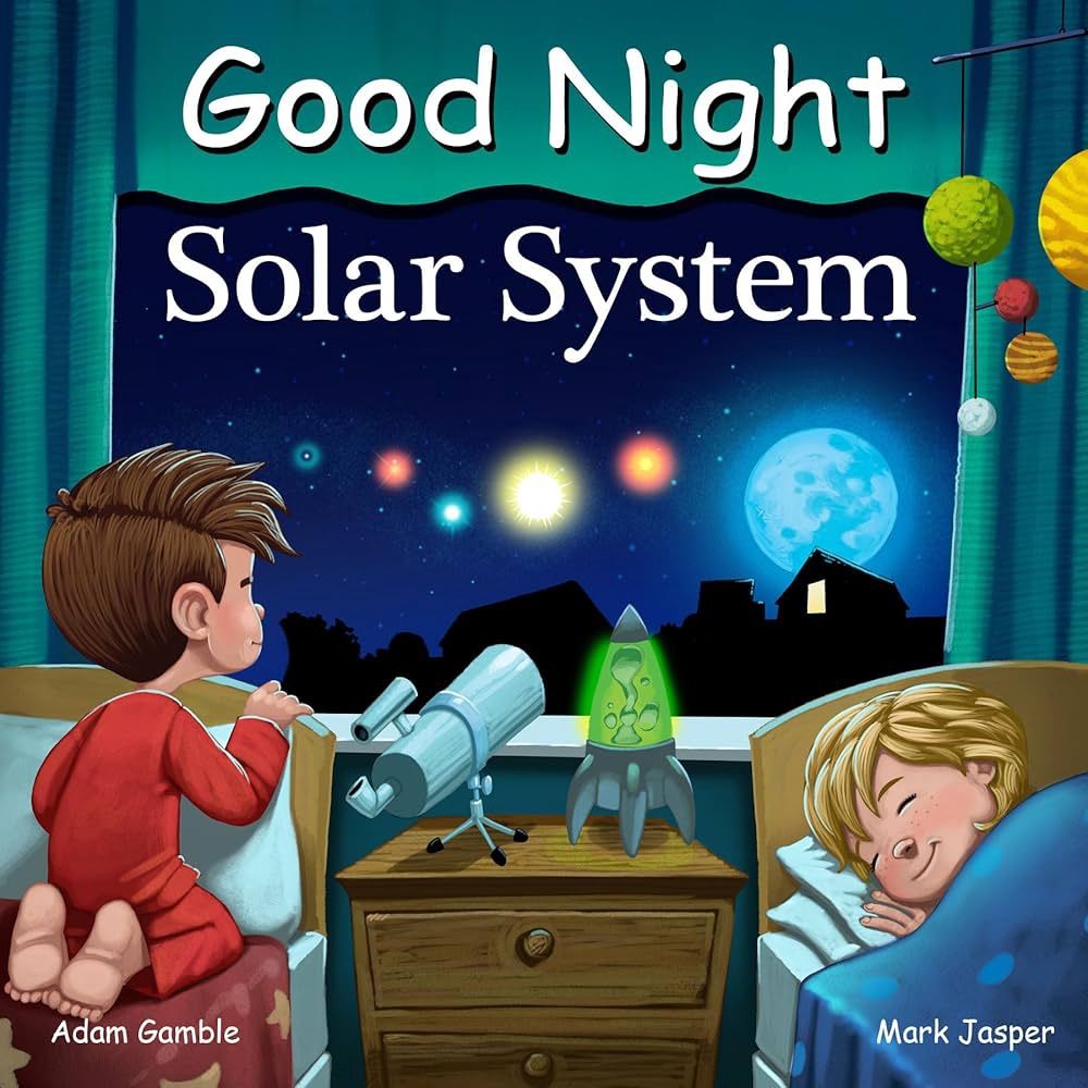 The cover of 'Good Night Solar System' featuring two children looking out of a window at space.  One child is asleep.