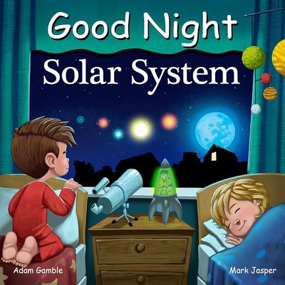 The cover of 'Good Night Solar System' featuring two children looking out of a window at space.  One child is asleep.
