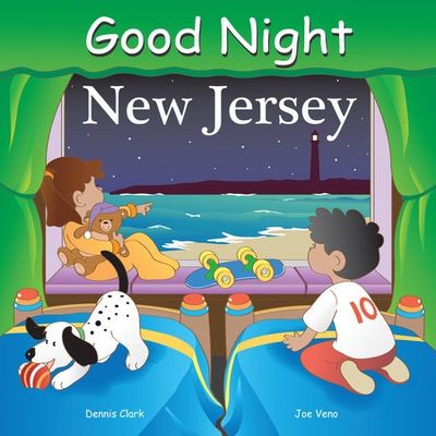 The cover of 'Good Night New Jersey' featuring two children looking out a window at a lighthouse cove, there is also a dog.