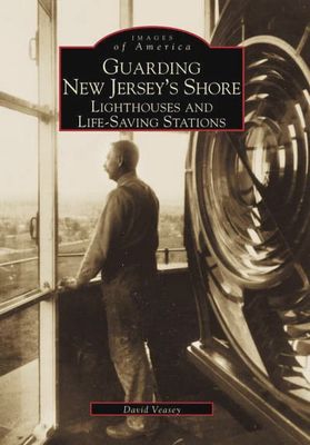 The sepia-colored cover of 'Guarding New Jersey's Shore', featuring a man and a lighthouse mirror.