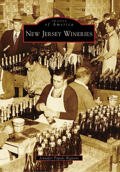 The sepia-toned cover of 'New Jersey Wineries', featuring three men working with wine bottles.