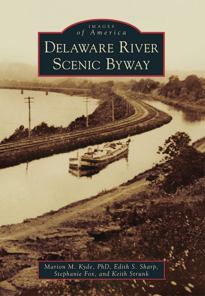 The sepia-toned cover of 'Delaware River Scenic Byway', featuring a canal with a boat on it.