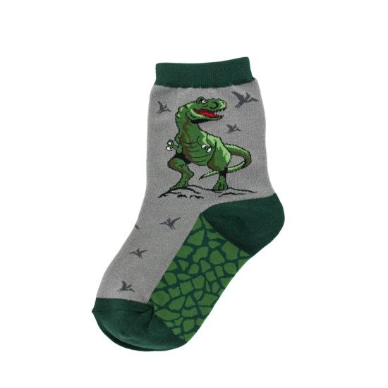 Children's sock, gray, with a reptile pattern on the foot and a T-Rex featured prominently.