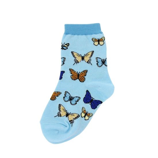 Child's sock, blue, featuring several different butterflies in blue, orange, and yellow colors.