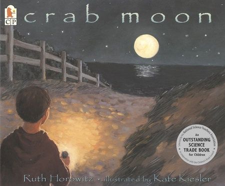 The cover of 'Crab Moon', featuring a boy walking down a path towards the ocean, with a moon hanging above the horizon.