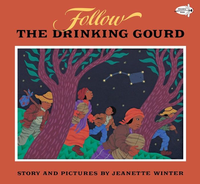 The cover of Follow The Drinking Gourd, featuring people walking through a forest following the stars