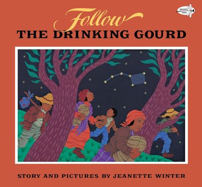 The cover of Follow The Drinking Gourd, featuring people walking through a forest following the stars