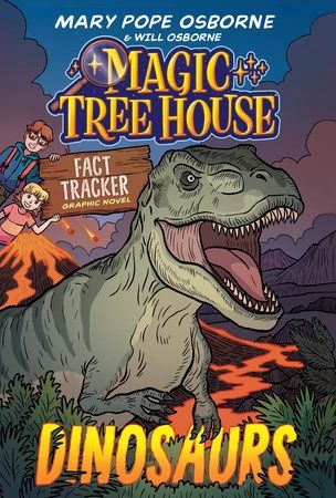 A book cover featuring a Tyrannosaurus Rex in front of a volcano, with two kids holding a sign that says 'Fact Tracker'.