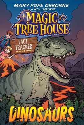 A book cover featuring a Tyrannosaurus Rex in front of a volcano, with two kids holding a sign that says 'Fact Tracker'.