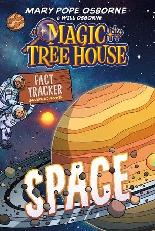 A book cover with a planet, along with two children in space suits holding a sign that says 'Fact Tracker'