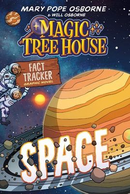 A book cover with a planet, along with two children in space suits holding a sign that says 'Fact Tracker'