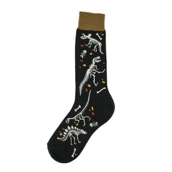 Men's sock, black, brown accents.  Has several dinosaur skeletons on it: T-Rex, Triceratops, Stegosaurus, Velocraptor.