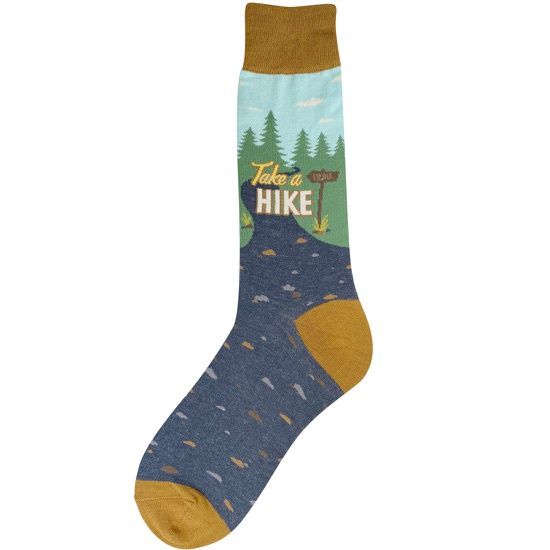 Men's sock, blue with brown highlights and the phrase 'take a hike' across the top, with art reminiscent of a trail.