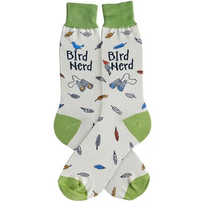 Women's sock, pale white with the words 'Bird Nerd', Binoculars, and feathers and birds scattered across.  Green highlights.