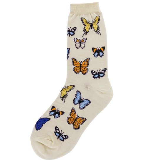 Women's sock, off-white with butterflies in yellow, orange, blue, and other colors.