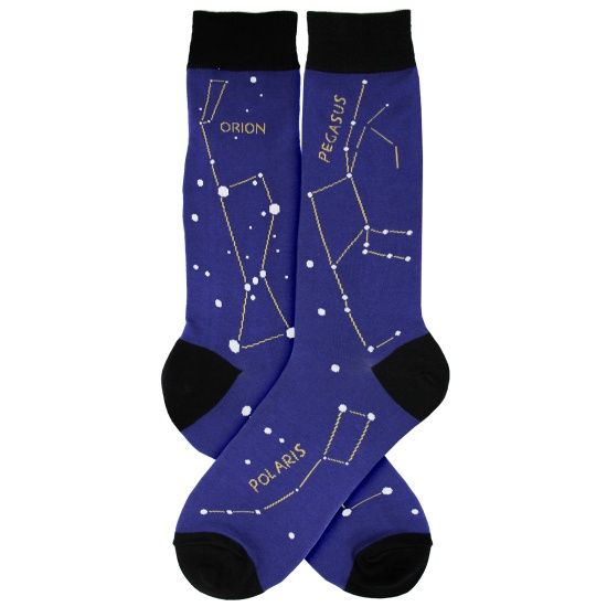 Women's sock, dark blue, featuring several constellations such as Orion, Pegasus, and Polaris.  Black highlights.