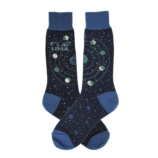 Men's sock, black, with blue accents.  Has the phases of the moon with the phrase' it's just a phase' on it.