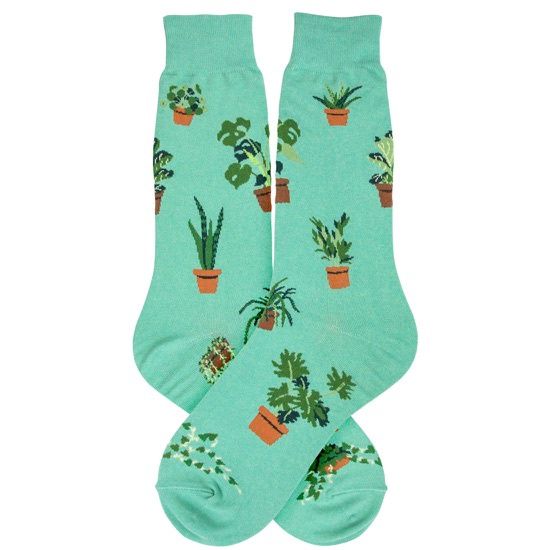 Men's sock, teal, with succulents of varying types across the whole sock.