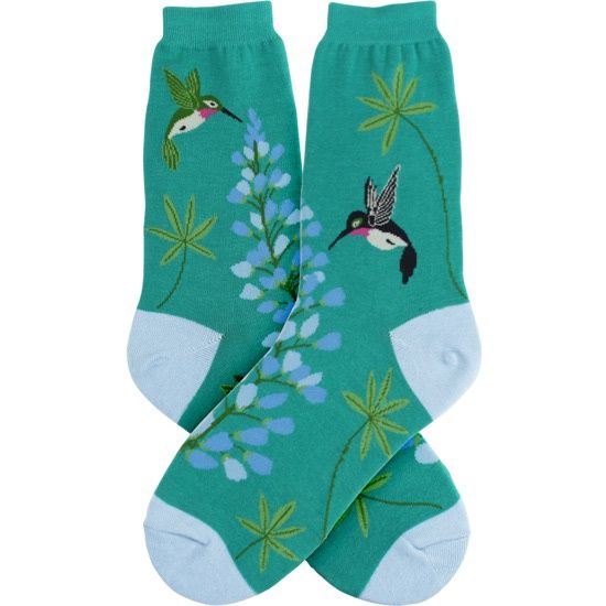 Women's sock, teal with light blue accents, has hummingbirds and flowers.