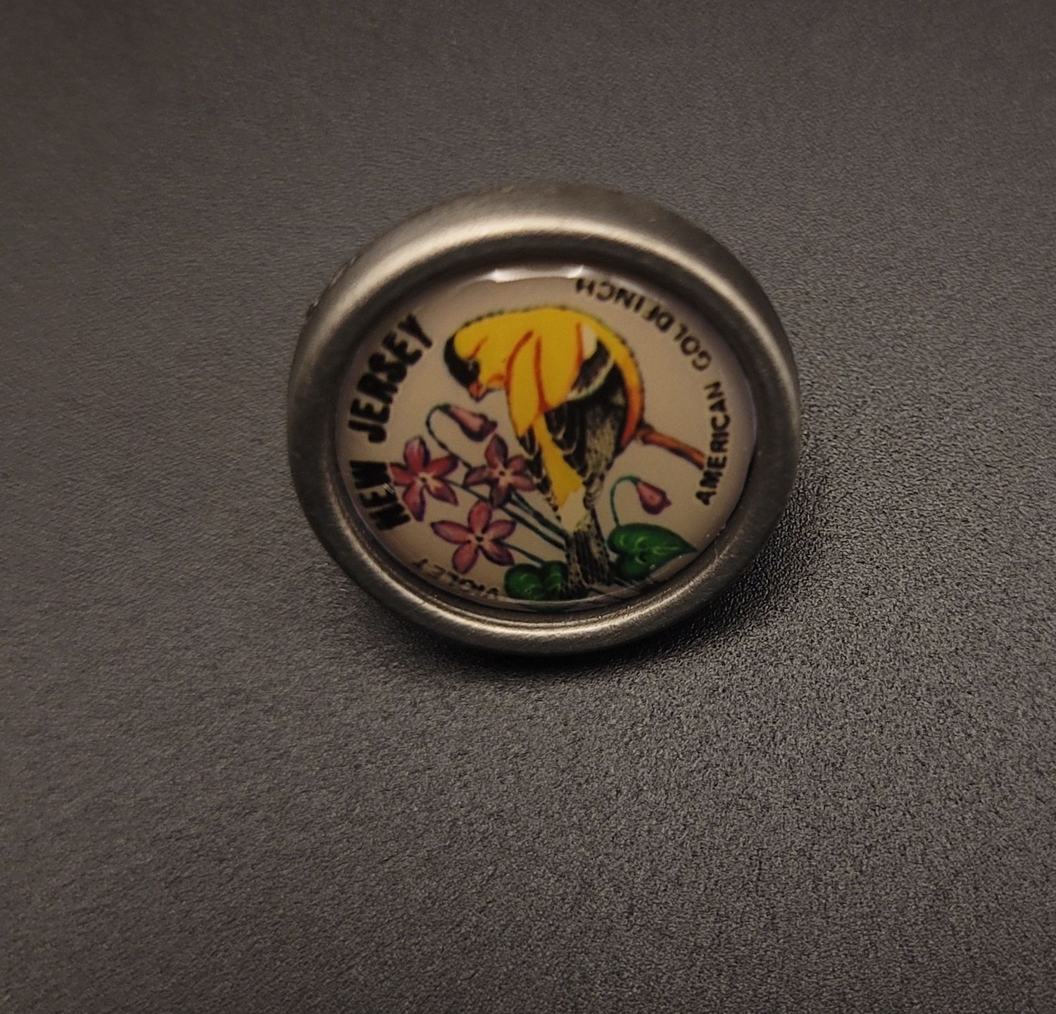A lapel pin featuring a goldfinch and a violet and the words 'New Jersey'