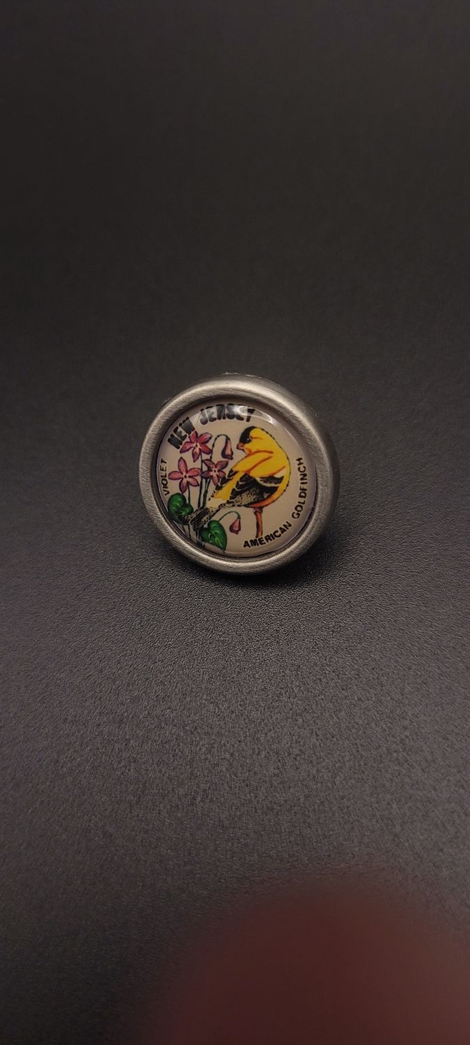 A lapel pin featuring a goldfinch and a violet and the words 'New Jersey'