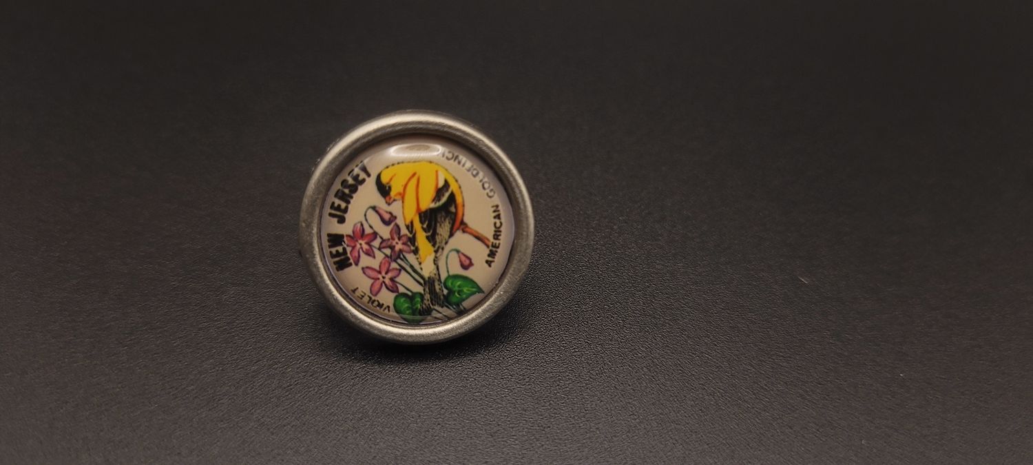 A lapel pin featuring a goldfinch and a violet and the words 'New Jersey'