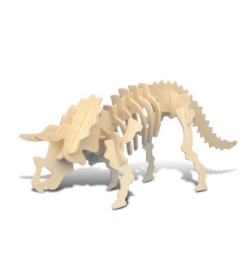 A wooden 3D model of a Triceratops skeleton