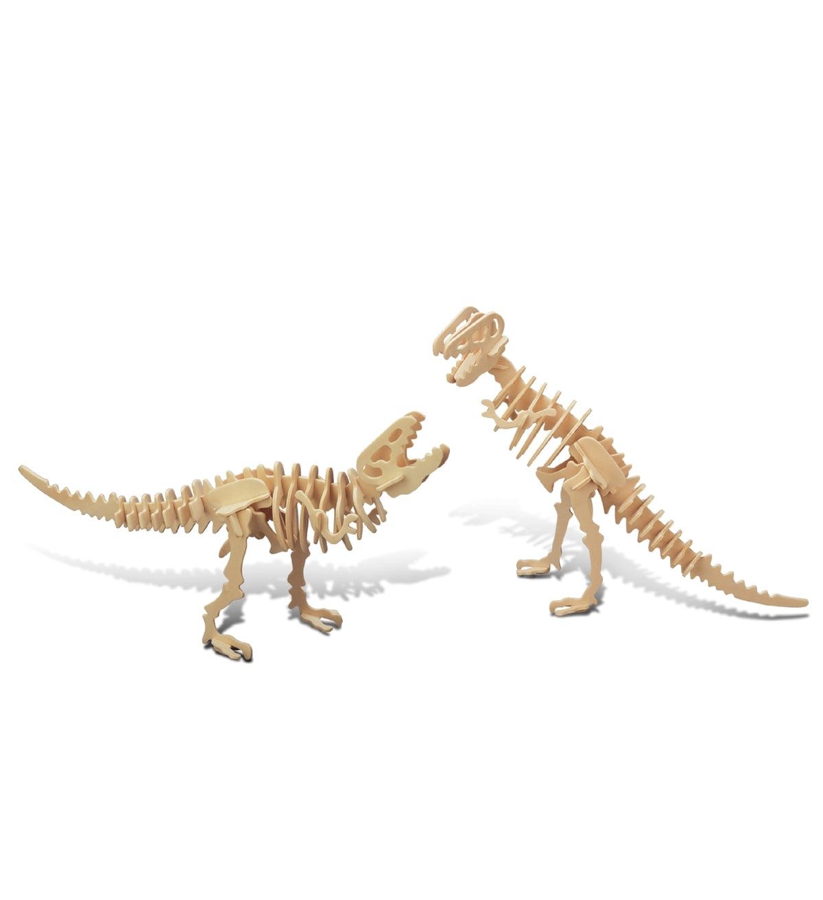 A wooden 3D model of two Tyrannosaurus Rex skeletons