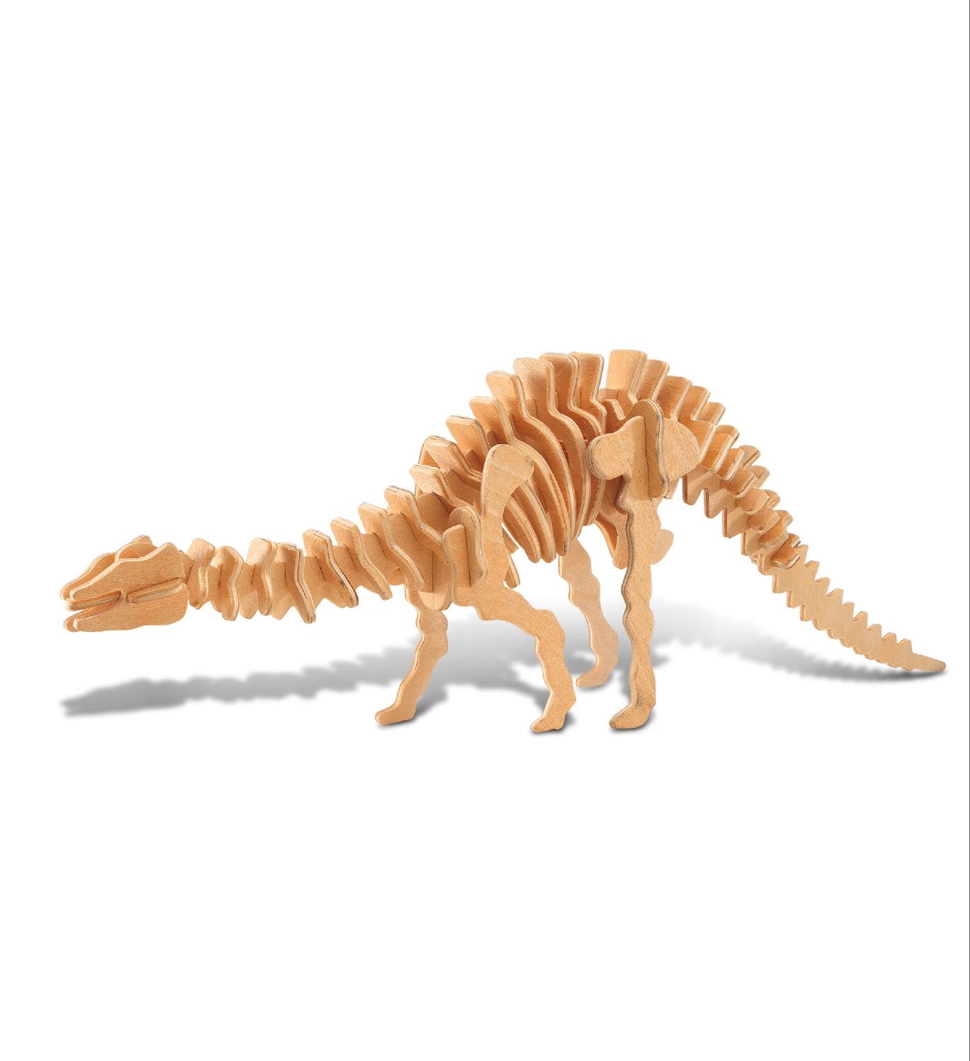 A wooden 3D model of an Apatosaurus skeleton