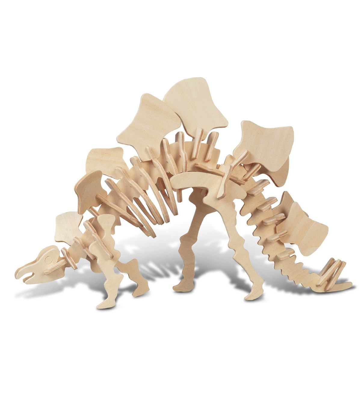 A wooden 3D model of a Stegosaurus skeleton