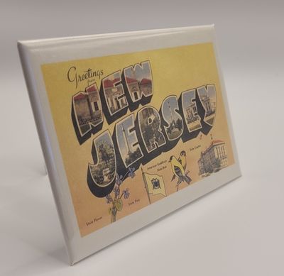 A magnet that says 'Greetings from New Jersey' in a vintage style, yellow background, featuring state icons along the bottom.