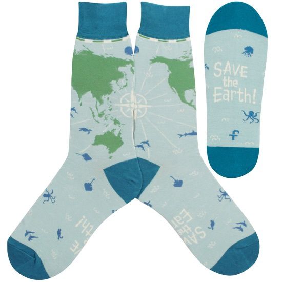 Men's sock, light blue, has the world map and the phrase 'save the earth' across the sole.