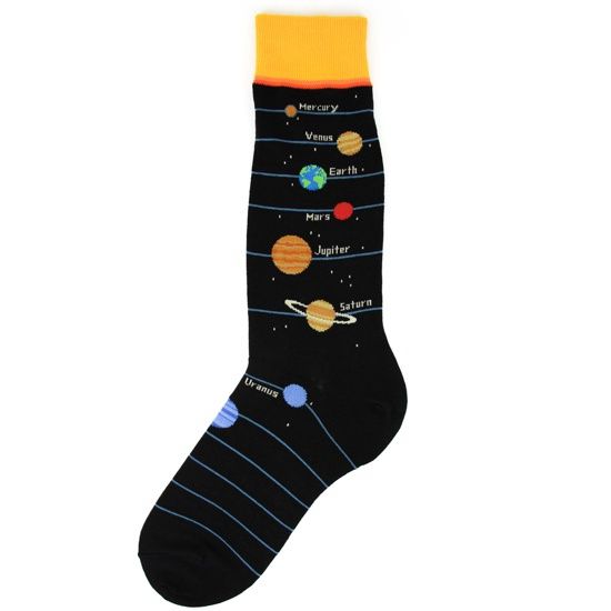 Women's sock, black, with all eight planets and their orbits.  The top of the sock is yellow.