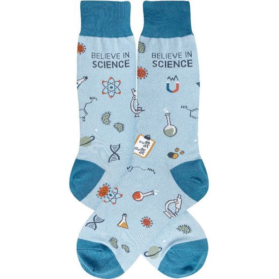 Women's sock, light blue with dark blue accents, features lots of science items and the phrase 'Believe in Science' on top.