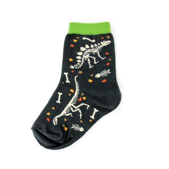 Child's sock, black, with white dinosaur skeletons.  Green accent.