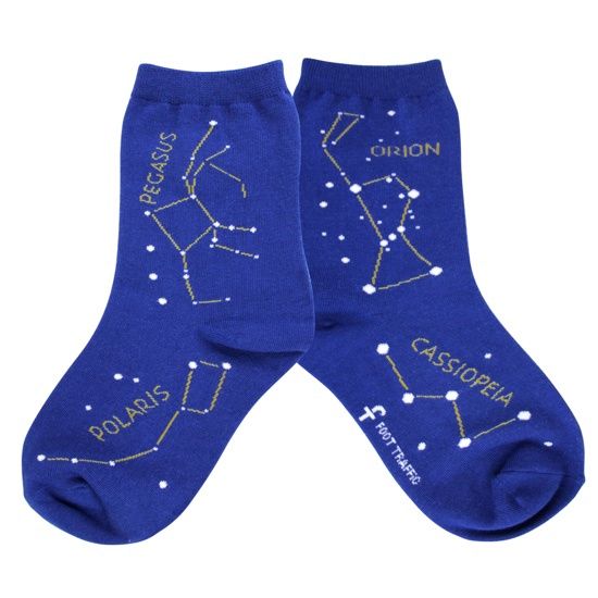 Child's sock, blue, with yellow constellations.  Pegasus, Polaris, Orion, and Cassiopeia are featured.