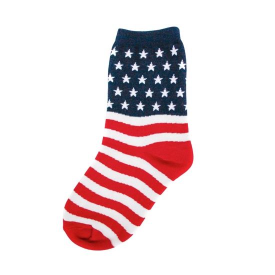 Child's sock, American flag patterned with stripes along the foot and stars near the top.