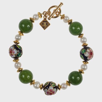 Black Flower Cloisonne, Jade and Cultured Pearl Bracelet