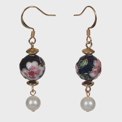 Black Flower Cloisonne and Cultured Pearl Earring